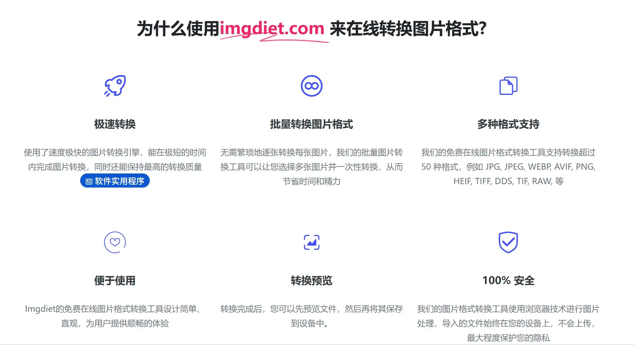支持 JPG、PNG、GIF、WEBP 等几十种图片格式的压缩、转换、批量压缩和缩小到固定大小，同时保持原画质，画质损失极小。