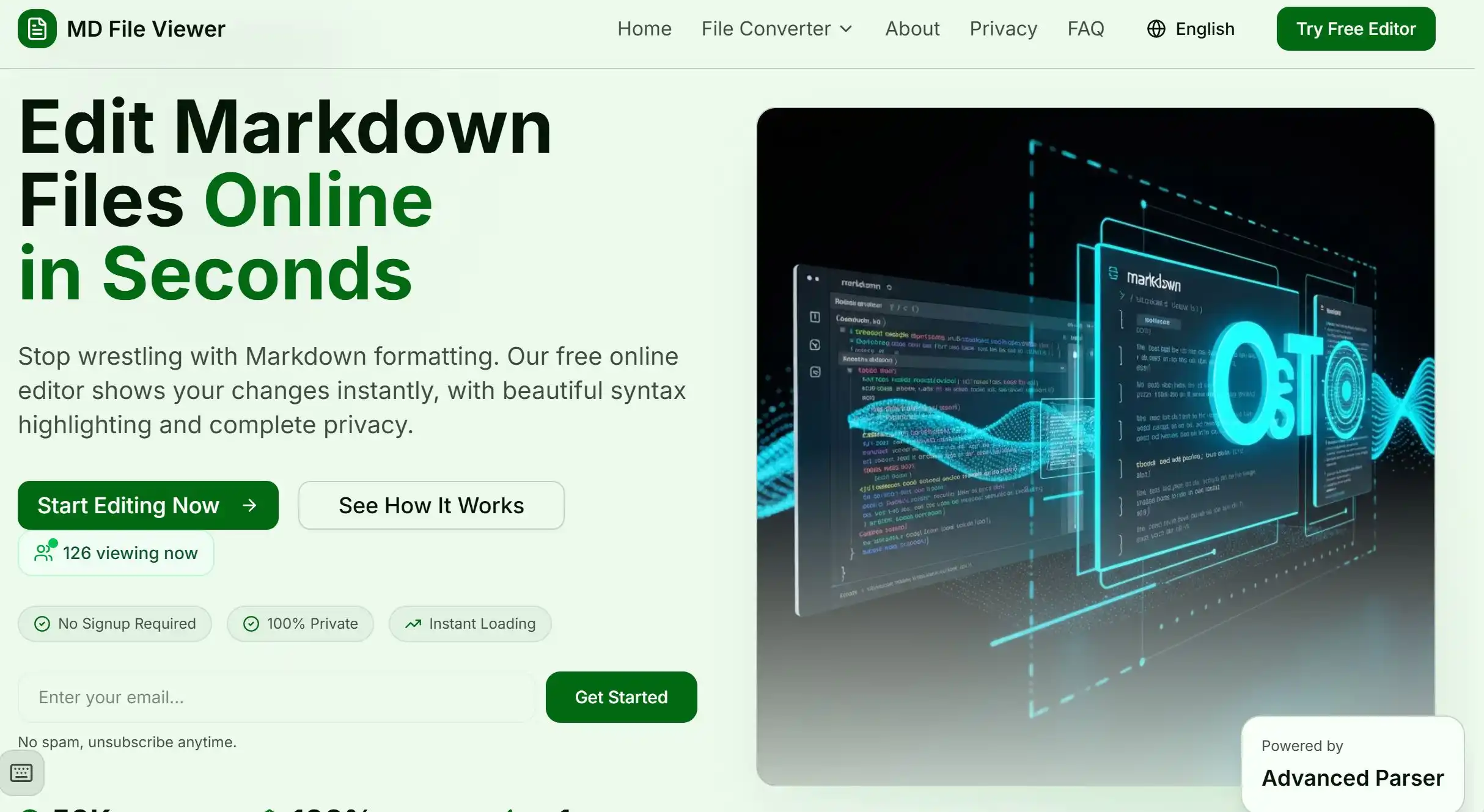 免费在线Markdown编辑器,支持实时预览MD文件,无需注册即可使用。作为轻量级浏览器Markdown预览工具,它完全在本地处理文件,私密安全,支持GFM语法和代码高亮。
